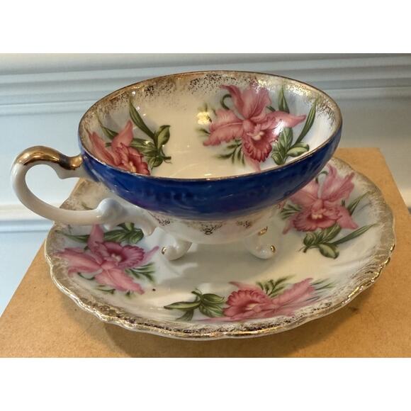 Porcelain Footed Tea Cup & Saucer Pink Orchid Flowers Cobalt Blue Gold - Picture 2 of 6